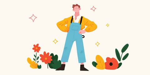 A vibrant illustration shows a confident person surrounded by colorful flowers, creating a sense of joy and the harmony between humans and nature.