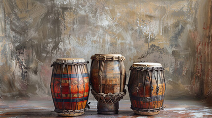 Conga drum trio, placed on canvas floor, backdrop in soft sandy gray,