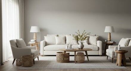 Modern Minimalist Living Room Design - Bright, airy living room with neutral tones, featuring a beige sofa, armchairs, wooden accents, and natural textures