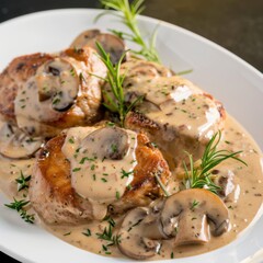 Delicious pork chops with creamy mushroom sauce garnished with fresh herbs served on a white plate
