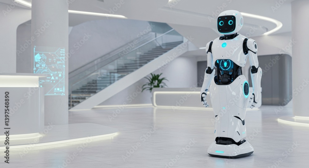 Poster modern robot in futuristic lobby - a sleek, white robot stands in a modern, bright lobby. clean line
