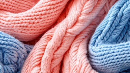 Textures of Soft Knitted Threads in Coral and Light Blue Colors