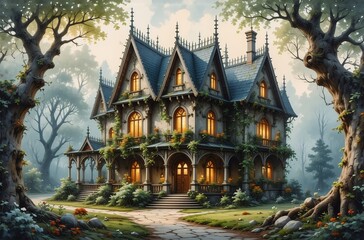 Naklejka premium A gothic Victorian mansion, nestled in a mystical forest, glows warmly with lights in its many windows. Ivy climbs its walls, hinting at age and secrets.