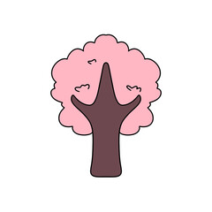 A tree with pink leaves is drawn in a cartoon style