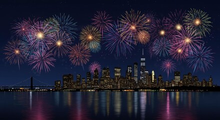 Obraz premium New York Skyline Fireworks Celebration at Night