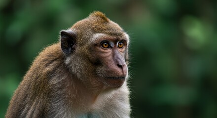 Obraz premium Monkey Portrait in Green Forest - Close-up of a monkey looking to the , set against a blurred green forest background