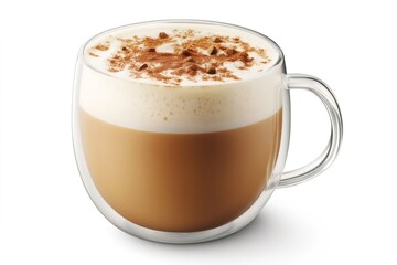 Obraz premium Warm and inviting tea latte topped with frothy milk and a sprinkle of cinnamon, served in a clear double walled glass mug