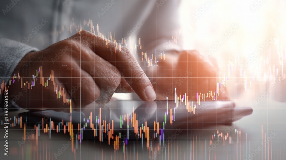 Poster double exposure of hands using tablet with graphical data overlay