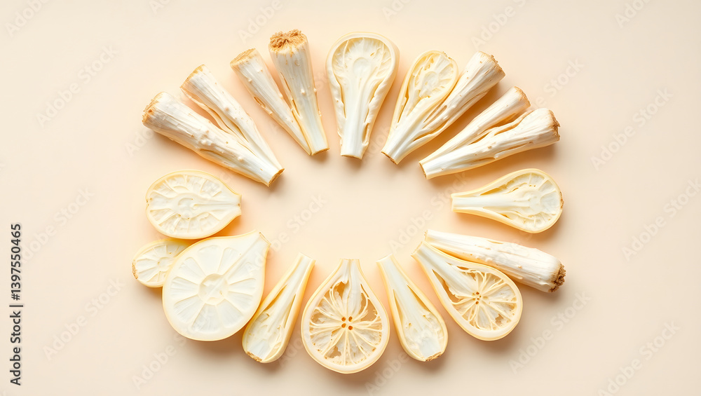 Poster symmetrical arrangement of sliced dried flowers in a circular pattern
