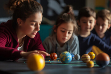 Young teacher explaining a scale model of the solar system to her students in an astronomy class