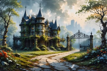 Obraz premium A crumbling, ivy-covered mansion stands on a cracked path, leading to an ornate wrought-iron gate. A distant castle looms under a dramatic sky. Mystery and decay surround the scene.