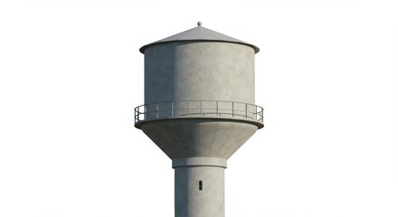 Monochrome water tower structure against seamless white backdrop, simplistic rural architecture