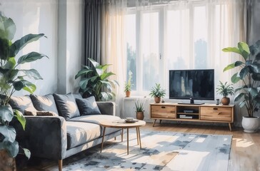 Sunlit living room with gray sofa, wooden media console, and abundant greenery.  Large windows offer a bright, airy ambiance.