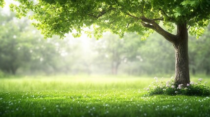 Lush green tree with sunlight and flowers, serene meadow