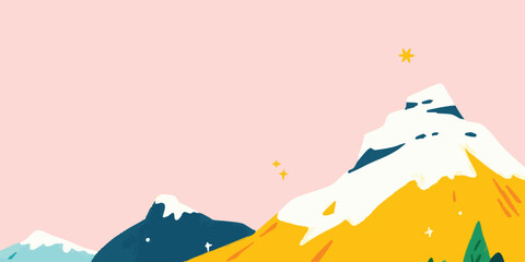 Illustrative depiction of a mountain range with peaks dusted in snow under a soft pink sky, evoking a sense of calm and adventure.