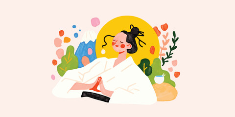 Obraz premium A peaceful woman meditating, embracing serenity, against a backdrop of a warm, sunny landscape. Reflecting inner peace, mindfulness, and a connection to nature.