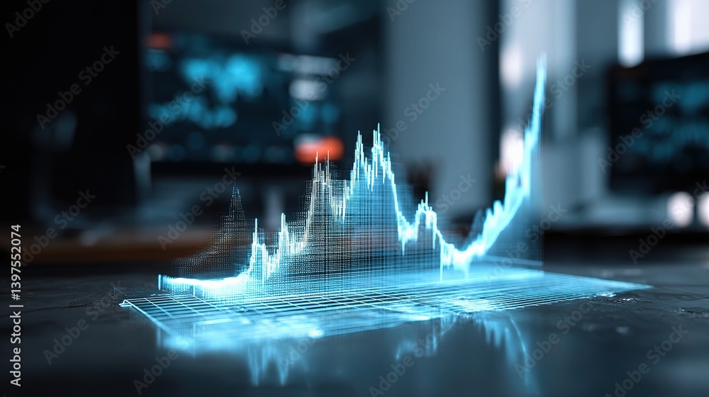 Poster holographic forex graph on a table with computer in background