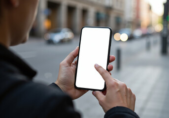 Person Using Smartphone Outdoors City with a blank screen