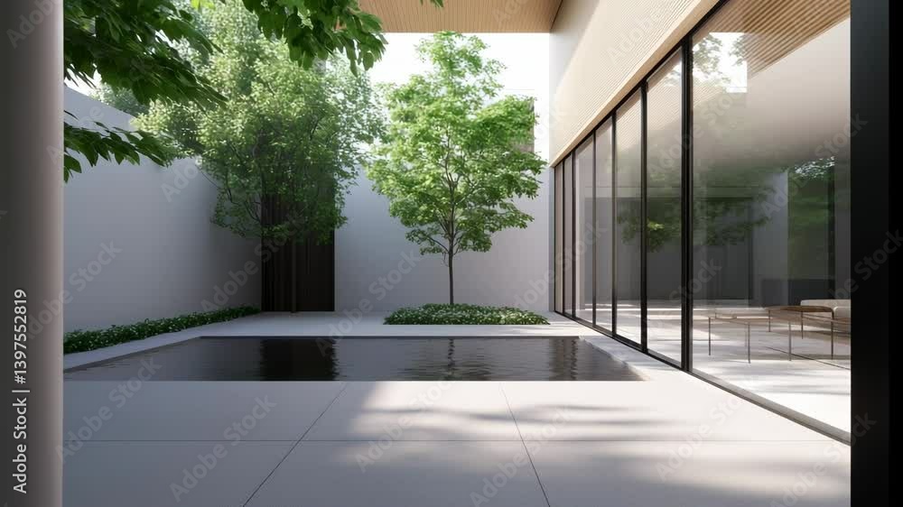 Poster modern courtyard with serene water feature and lush greenery creating a tranquil atmosphere during d