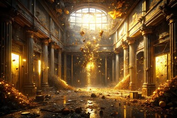 Obraz premium Urban Exploration: Golden Festive Confetti Photography - Abandoned Building, Shimmering Dust