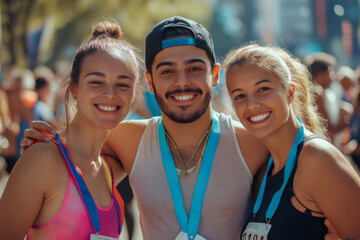 Three smiling marathon runners proudly displaying their medals, celebrating their achievements together after crossing the finish line