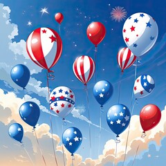 Patriotic Balloons and Fireworks in Sky Illustration