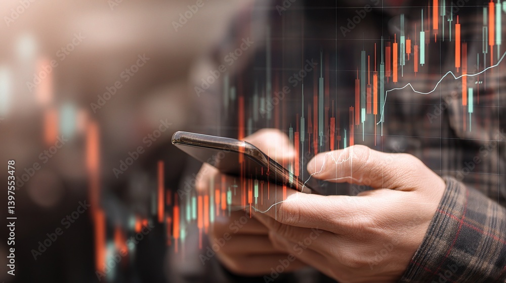 Poster man using smartphone to analyze stock market graphs and trends