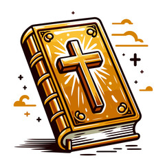 Holy Bible with cross emblem in vintage gold style. Ideal for religious education materials, Christian faith illustrations, and spiritual guidance themes.
