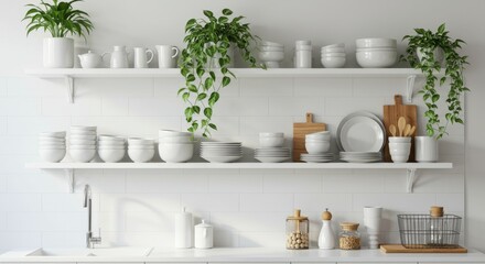 Organized Kitchen Shelves with Greenery - Stylish white kitchen shelves neatly organized with white dishes, wooden cutting boards, and potted plants. Minimalist and clean aesthetic