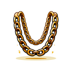 Gold chain necklace in U-shape with links. Ideal for luxury jewelry marketing, hip-hop fashion accessories, premium metal collections, or urban style illustrations.