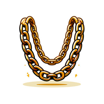 Gold chain necklace in U-shape with links. Ideal for luxury jewelry marketing, hip-hop fashion accessories, premium metal collections, or urban style illustrations.