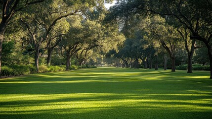 Lush green lawn beneath towering trees