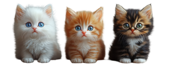 Three adorable kittens of different breeds sitting together, showcasing their unique colors and expressions