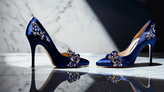 Elegant blue high heels on marble surface with light play and reflections highlighting luxurious embellishments
