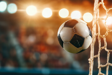 Fast flying soccer ball into goal net against field stadium. Tournament and sport. Competition concept background.