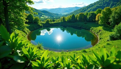 Circular lake surrounded by lush green vegetation, summer, geography, tranquil