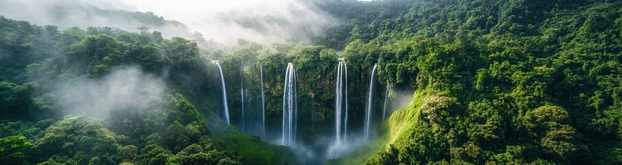 Obraz premium Panoramic aerial view of the beautiful waterfalls in a tropical forest, with a white sky