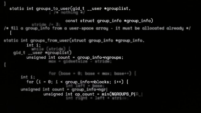 Programming code running on computer screen. Multiple layers with varying brightness. Cyber security. Hacking