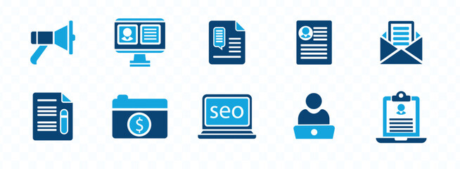 
Copywriting icon set. copywriter, content writing, blog, article, storytelling, author, advertising, marketing, SEO solid vector