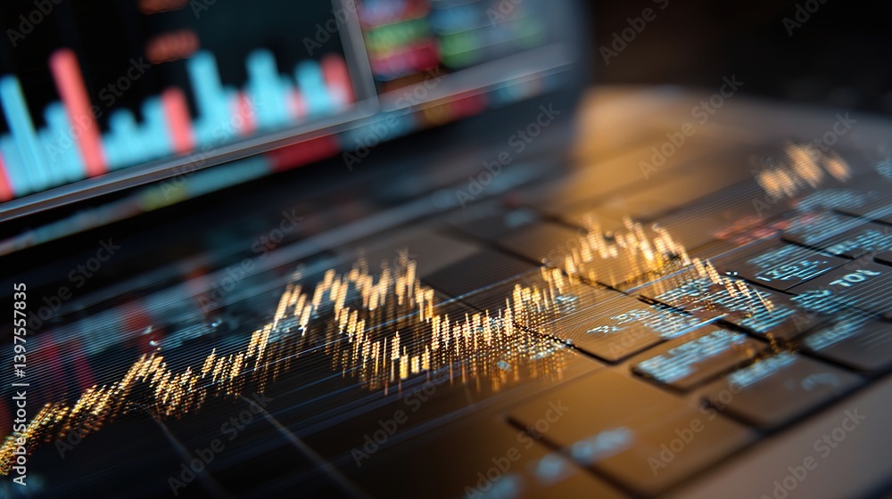 Poster detailed forex graph displayed on a laptop screen with hologram effect