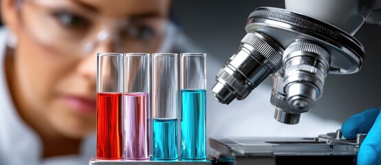 A focused scientist analyzes colorful liquids through a microscope, highlighting the intersection of research and technology in a laboratory setting.