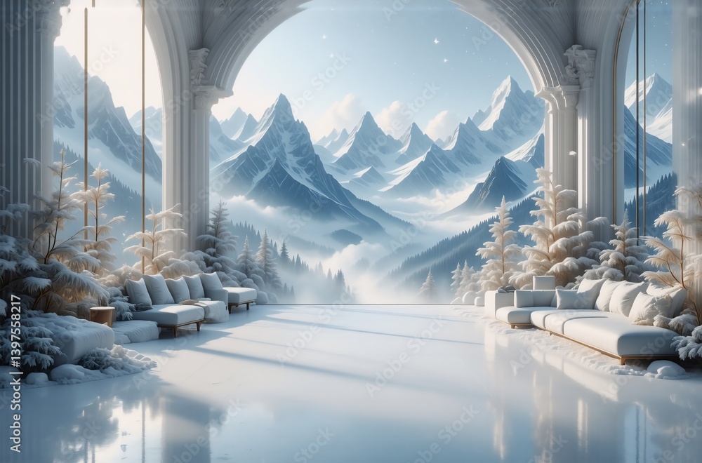 Poster serene winter vista viewed through a grand archway. snow-covered mountains, pristine floor, and plus