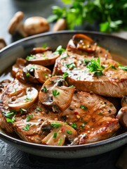 Fototapeta premium Juicy pork chops with savory mushrooms and fresh herbs cooked to perfection in a rich sauce