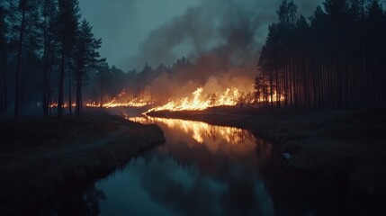Forest Fire Reflecting in River at Dusk