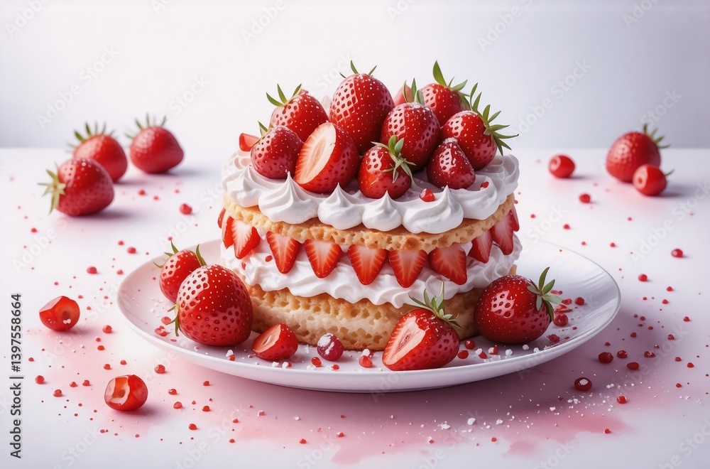 Poster a heart-shaped strawberry cake layered with creamy frosting and fresh strawberries, adorned with sug