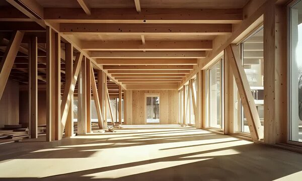 Interior of a modern wooden building under construction, with exposed timber framing, large windows, clean architectural lines, and stacked planks on the floor.