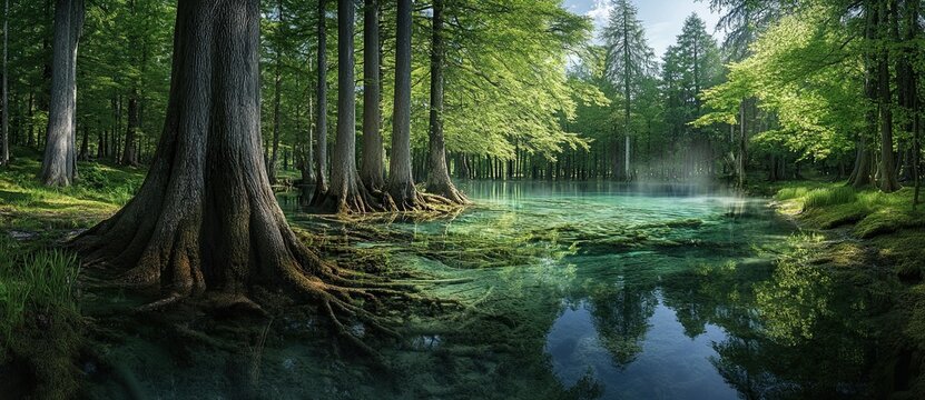 Panoramic photograph of an enchanting forest with clear blue water, ancient trees, and lush greenery