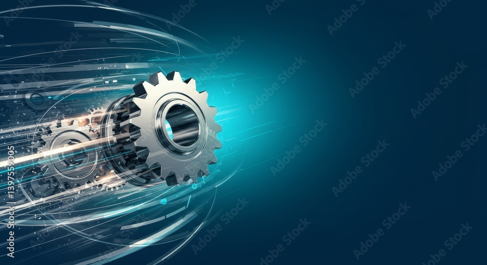 Poster precision gears in motion - close-up of metallic gears rotating, set against a dark blue background 
