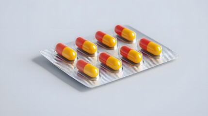 Close-up of a silver blister pack containing red and yellow capsules, placed on a light background, representing medicine, healthcare, and treatment.