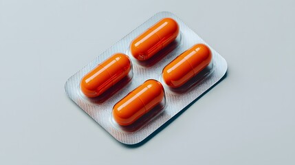 Close-up of a silver blister pack containing four bright orange capsules, placed on a neutral background, symbolizing medicine, healthcare, and treatment.